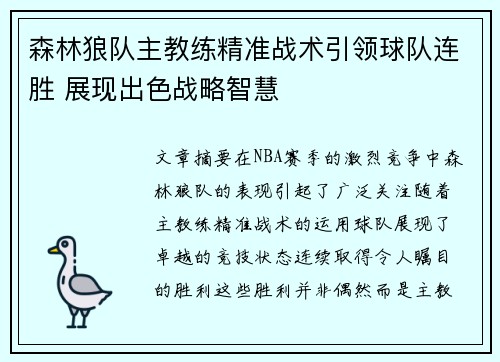 森林狼队主教练精准战术引领球队连胜 展现出色战略智慧