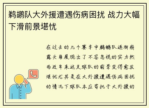 鹈鹕队大外援遭遇伤病困扰 战力大幅下滑前景堪忧