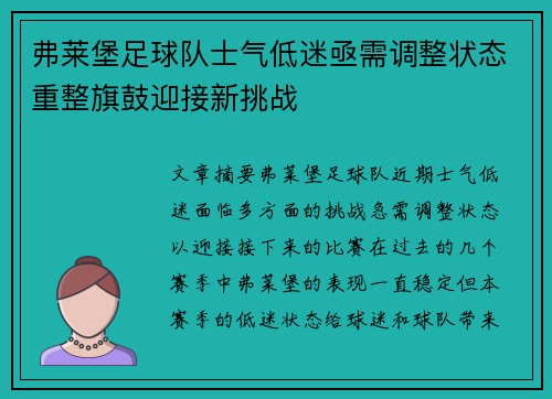 弗莱堡足球队士气低迷亟需调整状态重整旗鼓迎接新挑战