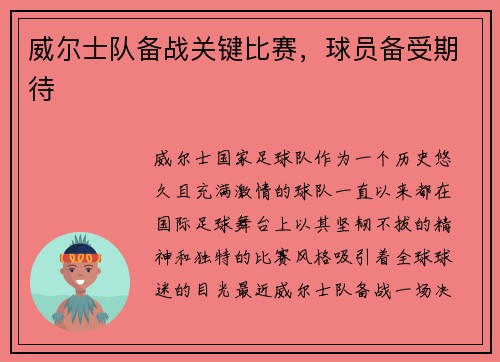 威尔士队备战关键比赛，球员备受期待