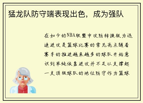 猛龙队防守端表现出色，成为强队