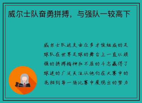 威尔士队奋勇拼搏，与强队一较高下