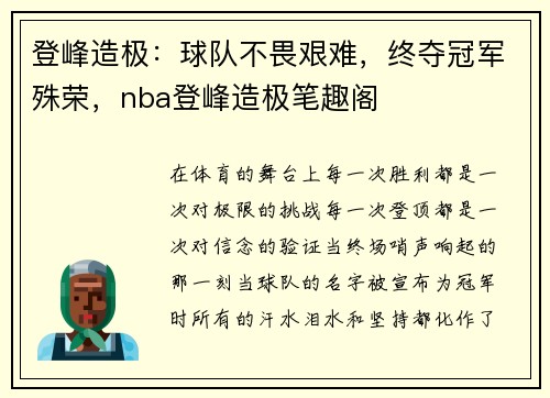 登峰造极：球队不畏艰难，终夺冠军殊荣，nba登峰造极笔趣阁