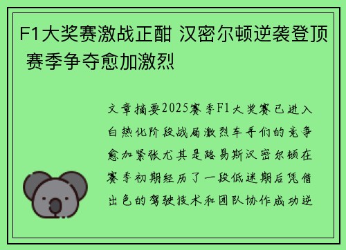 F1大奖赛激战正酣 汉密尔顿逆袭登顶 赛季争夺愈加激烈