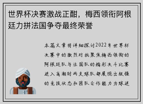 世界杯决赛激战正酣，梅西领衔阿根廷力拼法国争夺最终荣誉