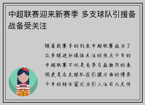 中超联赛迎来新赛季 多支球队引援备战备受关注