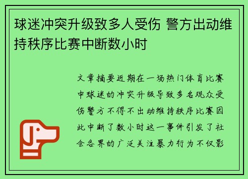 球迷冲突升级致多人受伤 警方出动维持秩序比赛中断数小时