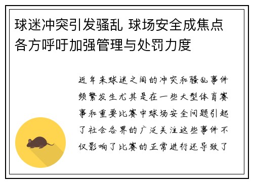 球迷冲突引发骚乱 球场安全成焦点 各方呼吁加强管理与处罚力度
